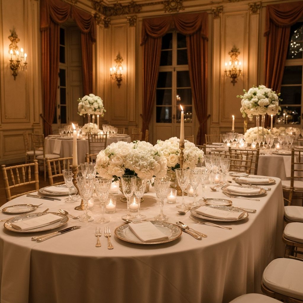 Décoration de table de mariage luxueuse dans un château français